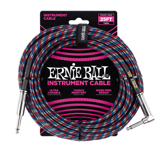 Ernie Ball 25ft Braided Straight Angle Inst Cable Black Red Blue White