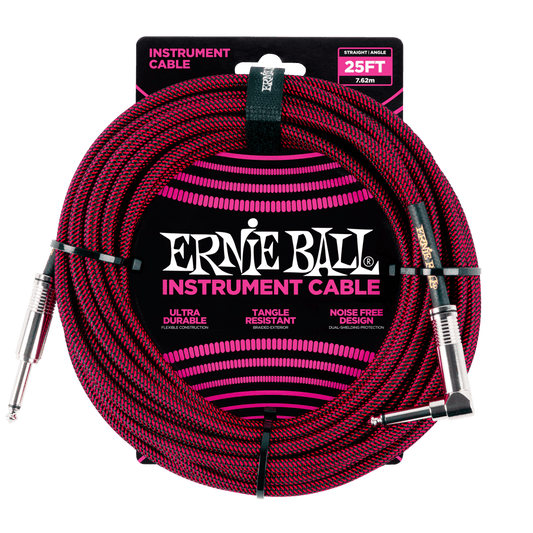 Ernie Ball 25ft Braided Straight Angle Inst Cable Black Red