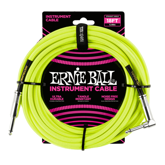 Ernie Ball 18ft Braided Straight Angle Inst Cable Neon Yellow