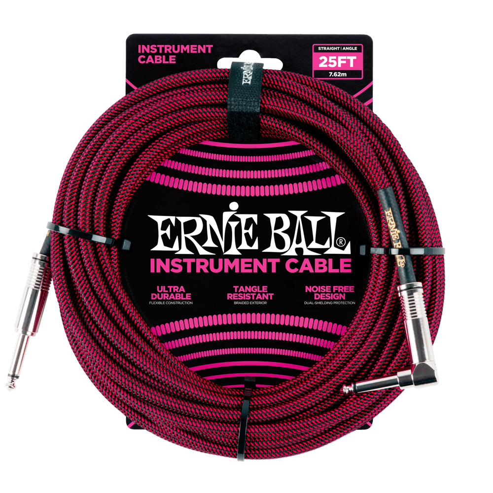 Ernie Ball 25ft Braided Straight Angle Inst Cable Black Red 2 Pack