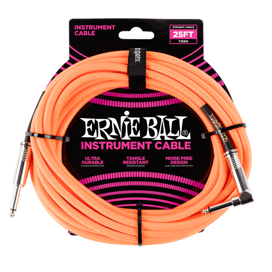 Ernie Ball 25ft Braided Straight Angle Inst Cable Neon Orange