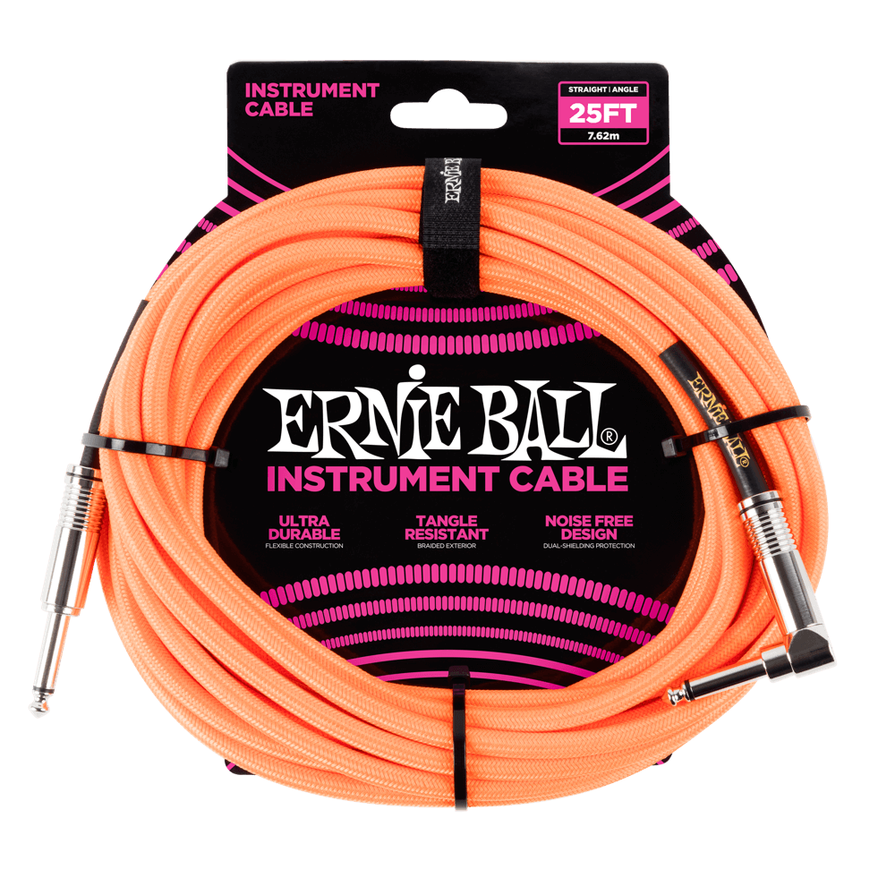 Ernie Ball 25ft Braided Straight Angle Inst Cable Neon Orange