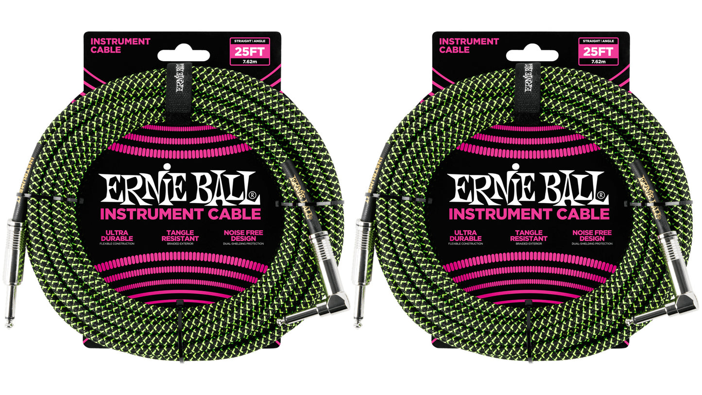 Ernie Ball 25ft Braided Straight Angle Inst Cable Blk/Grn
