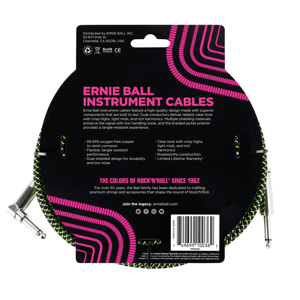 Ernie Ball 18ft Braided Straight Angle Inst Cable Blk/Grn