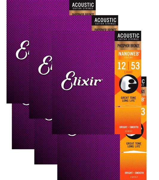 Elixir Strings 16052 Phosphor Bronze Acoustic Guitar Strings - .012-.053 Light 6 pack