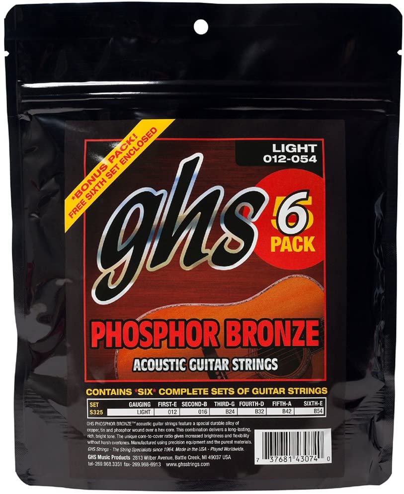 GHS S325 Phosphor Bronze Light Acoustic Guitar Strings 6-Pack