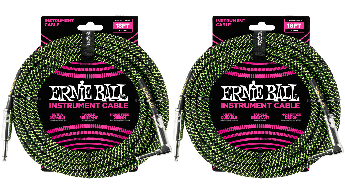 Ernie Ball 18ft Braided Straight Angle Inst Cable Blk/Grn