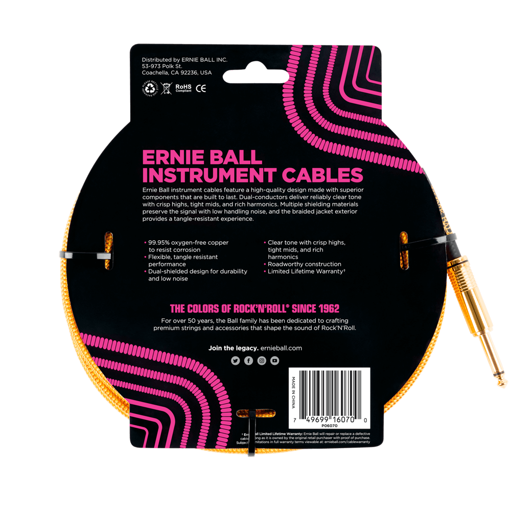 Ernie Ball 25ft Braided Straight Angle Inst Cable Gold Gold 2 Pack
