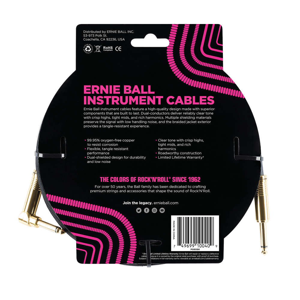 Ernie Ball 18ft Braided Straight Angle Inst Cable Black 2 Pack