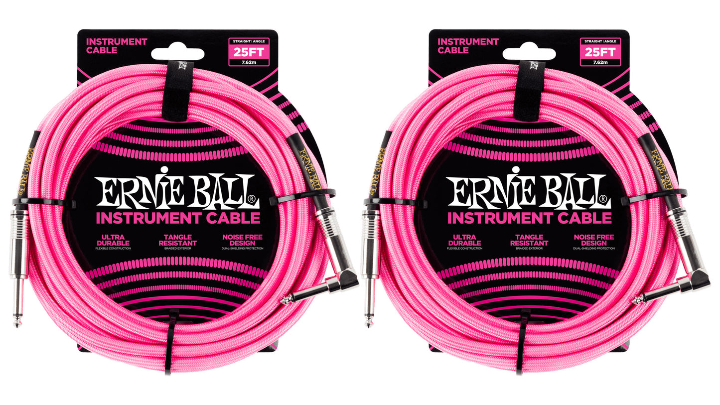 Ernie Ball 25ft Braided Straight Angle Inst Cable Neon Pink