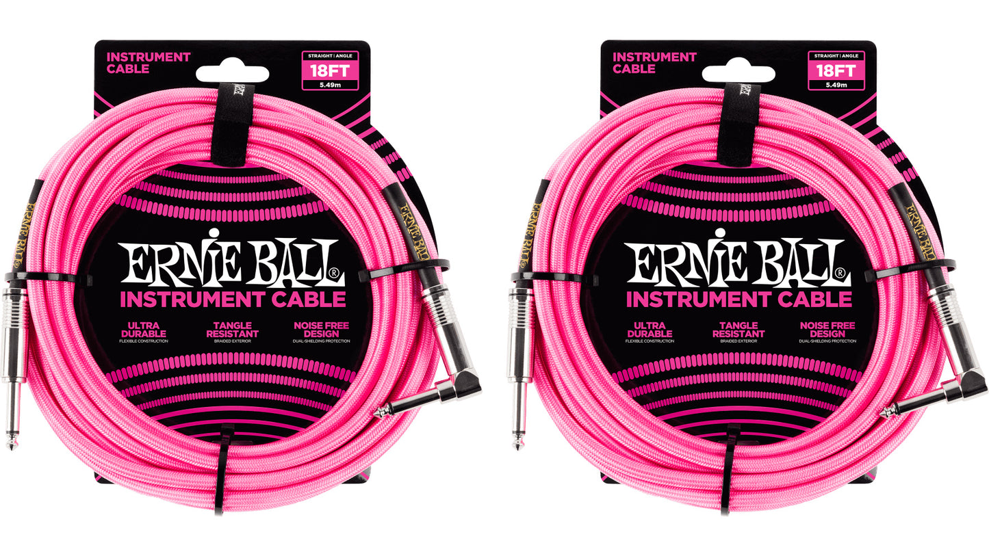 Ernie Ball 18ft Braided Straight Angle Inst Cable Neon Pink