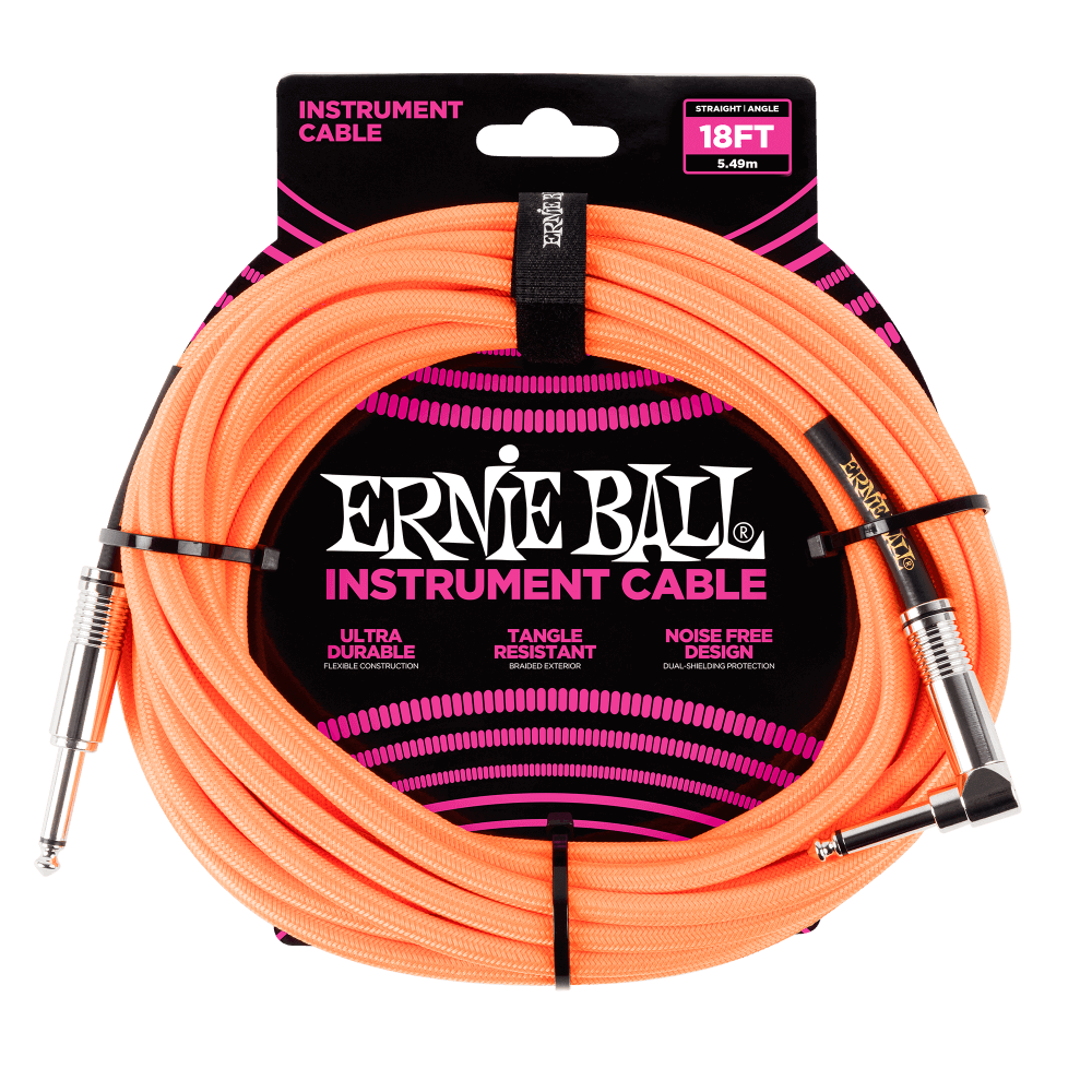 Ernie Ball 18ft Braided Straight Angle Inst Cable Neon Orange