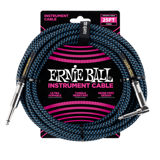 Ernie Ball 25ft Braided Straight Angle Inst Cable Black Blue